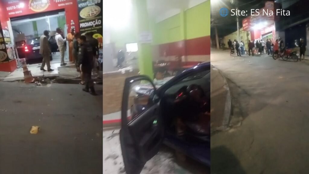 Carro atropela policial civil após se envolver em acidente com motocicleta e em seguida entra em pizzaria em Cariacica