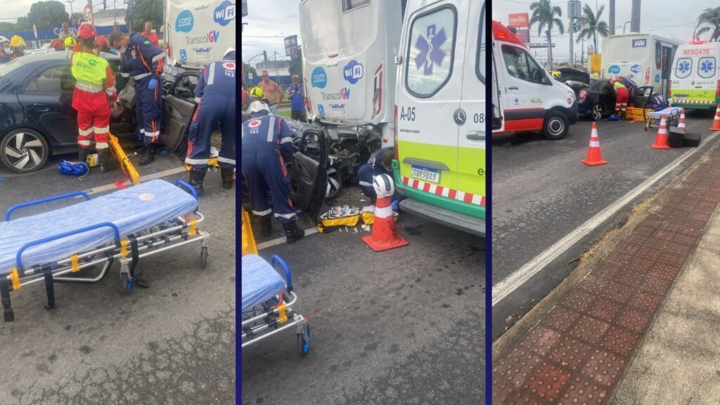 Acidente entre ônibus e veículo de passeio deixa duas pessoas gravemente feridas na BR-101 no município da Serra