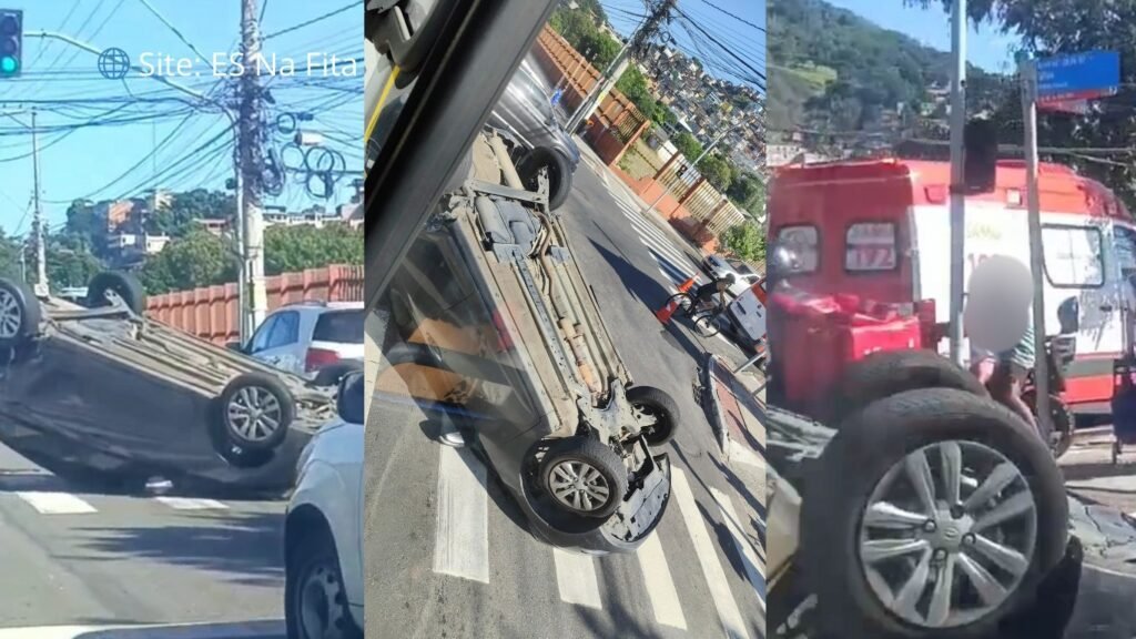 Veículo de passeio capota após colisão em cruzamento no município de Vitória