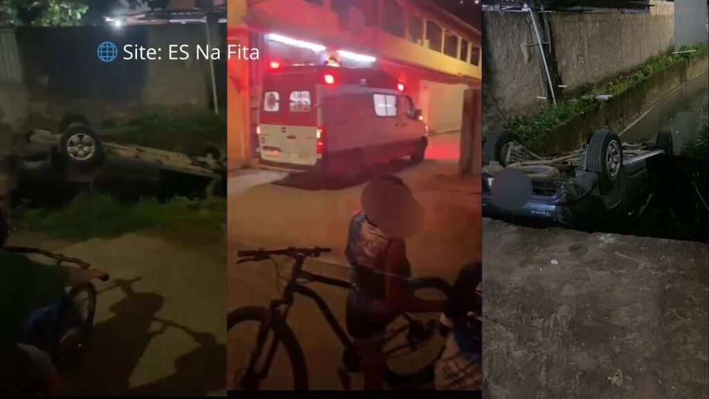 Motorista tenta cortar caminho e acaba caindo dentro do valão e carro fica de rodas para cima em Cariacica