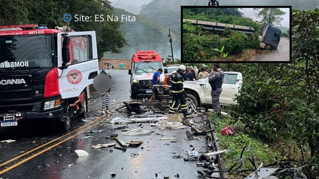 Carreta cai de ribanceira após acidente com caminhonete em Castelo