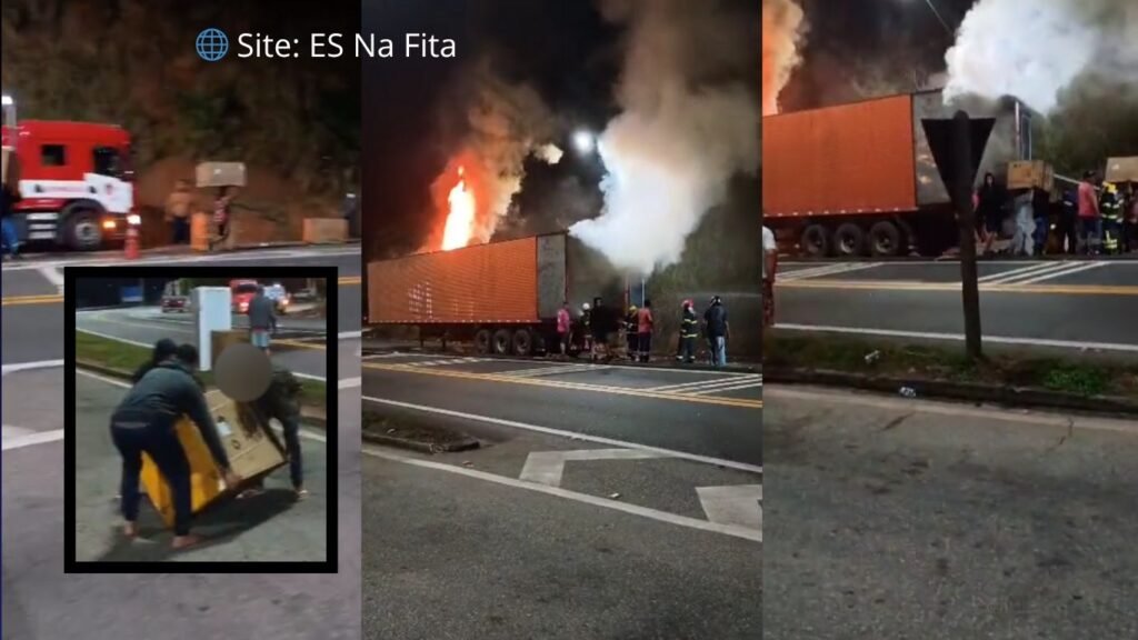 Saqueadores furtam carga de eletrodomésticos após carreta pegar fogo no Sul do Espírito Santo