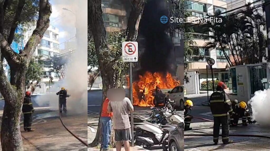 Carro pega fogo em Jardim da Penha no município de Vitória