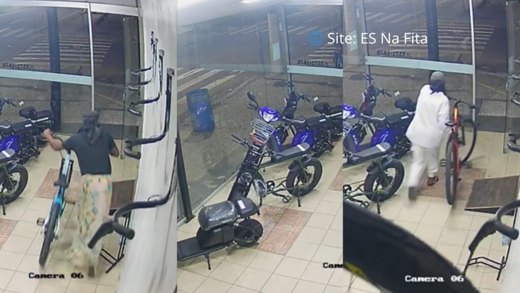 Imagem mostra suspeitos invadindo loja e furtando bicicletas em Linhares