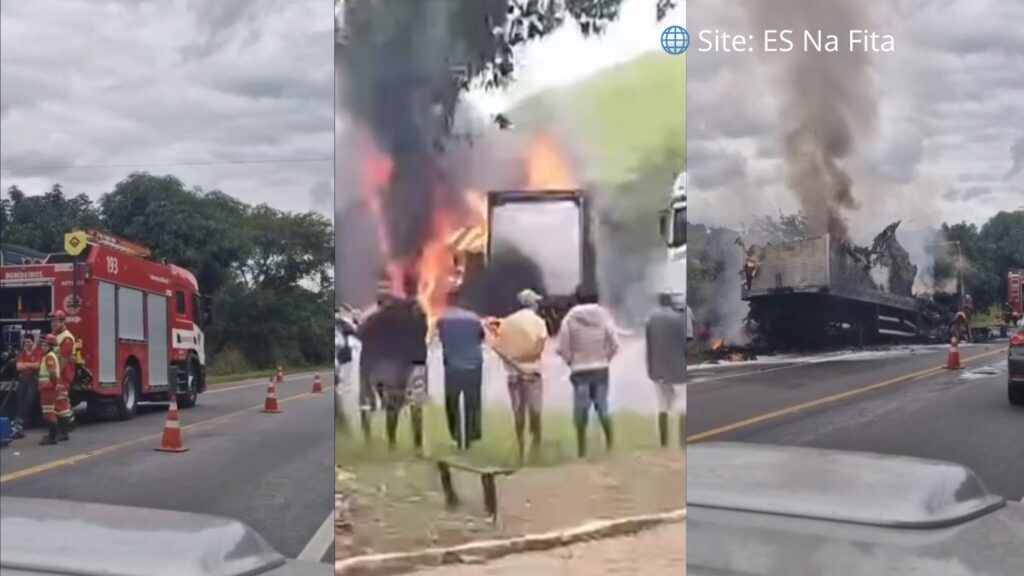 Incêndio atinge baú de carreta na BR-101 em Atílio Vivácqua