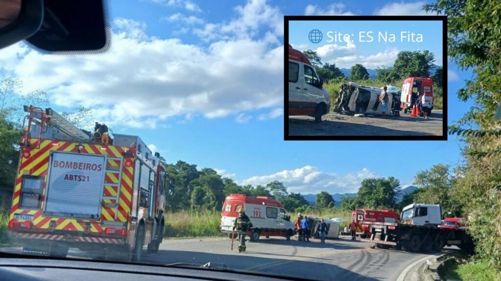 Ambulância tomba após colisão com caminhão na BR-262 em Domingos Martins