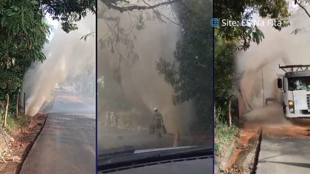 Tubulação de água é perfurada acidentalmente e causa vazamento em trecho de rodovia no Sul do ES