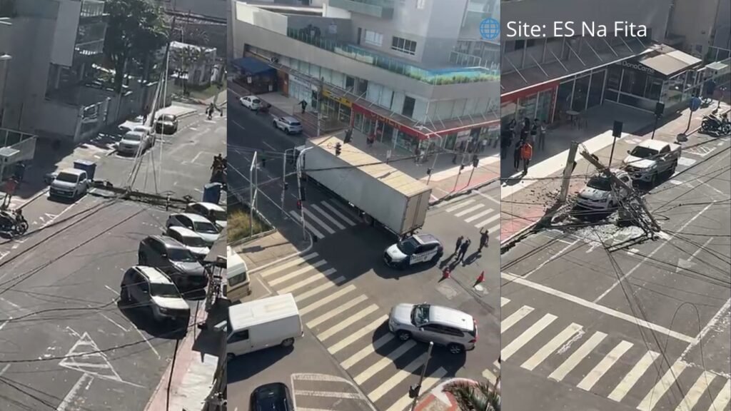 Dois postes caem e semáforos ficam pendurados em rua de Vila Velha