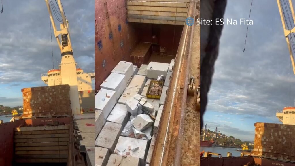 Rocha despenca de guindaste e cai no porão de navio no Porto de Vitória