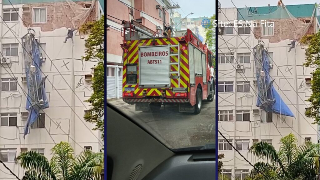 Trabalhadores ficam pendurados em prédio após andaime tombar em Jardim Camburi