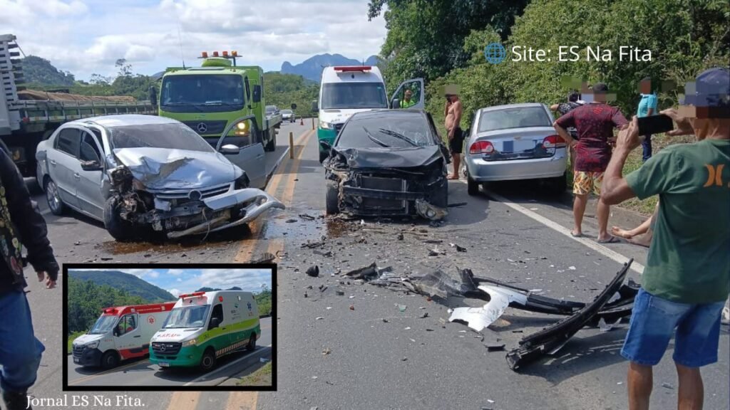 Acidente com três carros deixa seis pessoas feridas na BR 101, em Ibiraçu