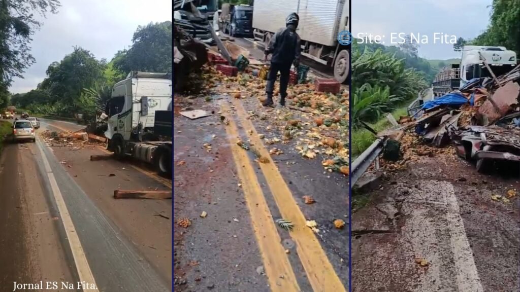 Pedra cai de carreta, atinge caminhão com abacaxis e mata duas pessoas na BR-101