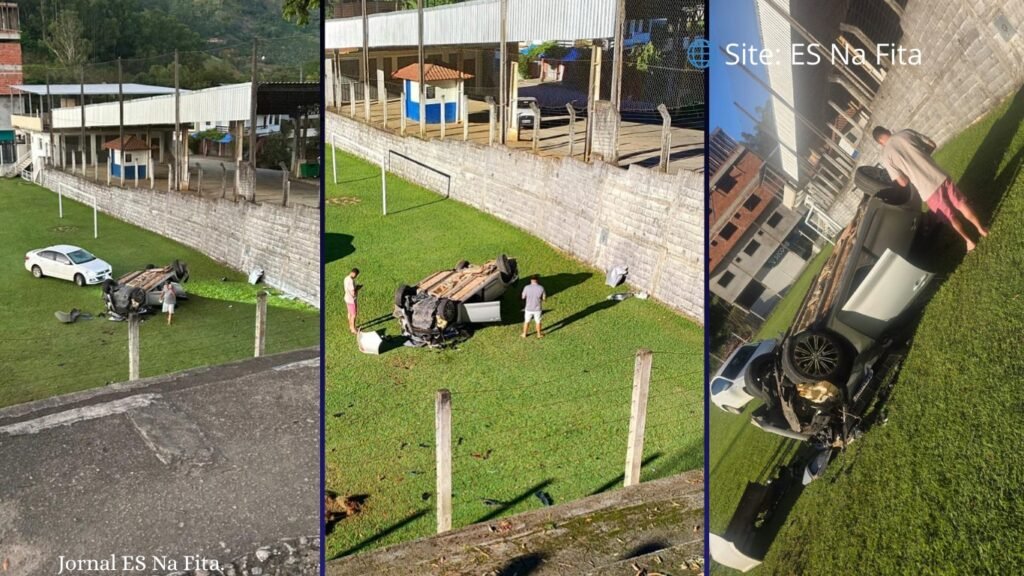 Motorista perde controle, capota e cai dentro de campo de futebol em Vargem Alta