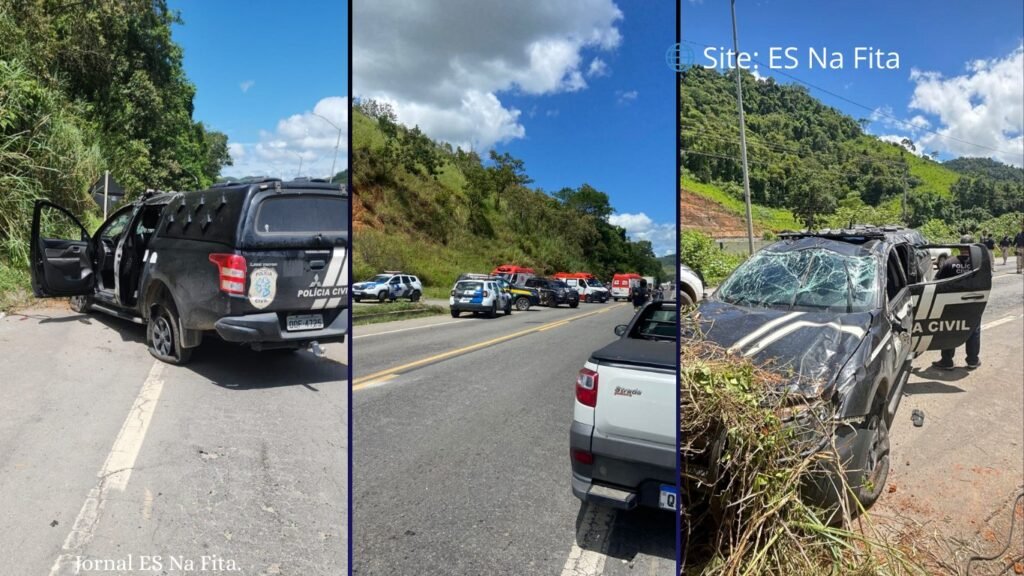 Viatura da Polícia Civil com 10 ocupantes capota na BR 262 em Viana