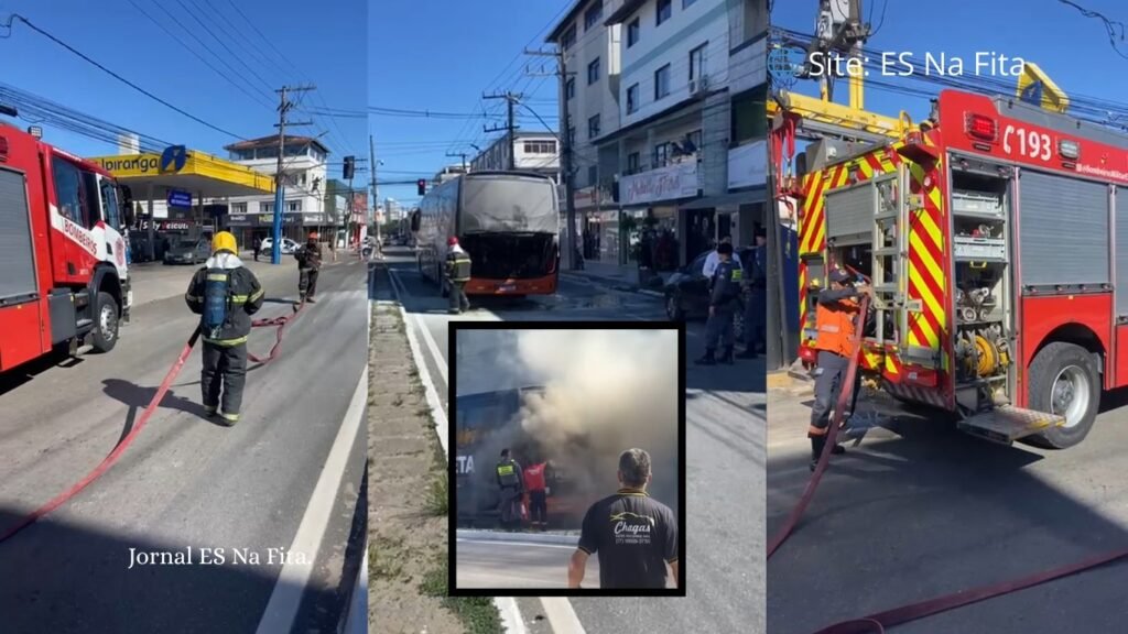 Ônibus de turismo pega fogo em Guarapari.
