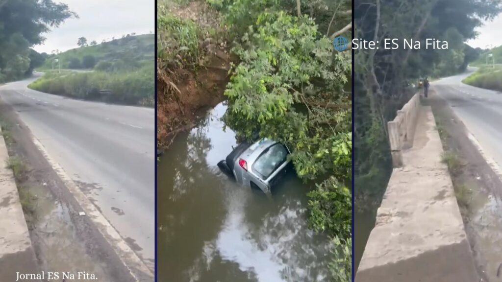 Mulher fica ferida após carro cair de ponte dentro de rio em Aracruz.