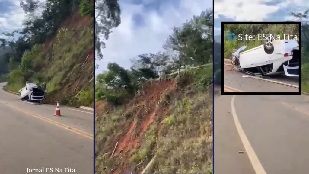Carro despenca em barranco após capotamento e motorista acaba preso no ES.
