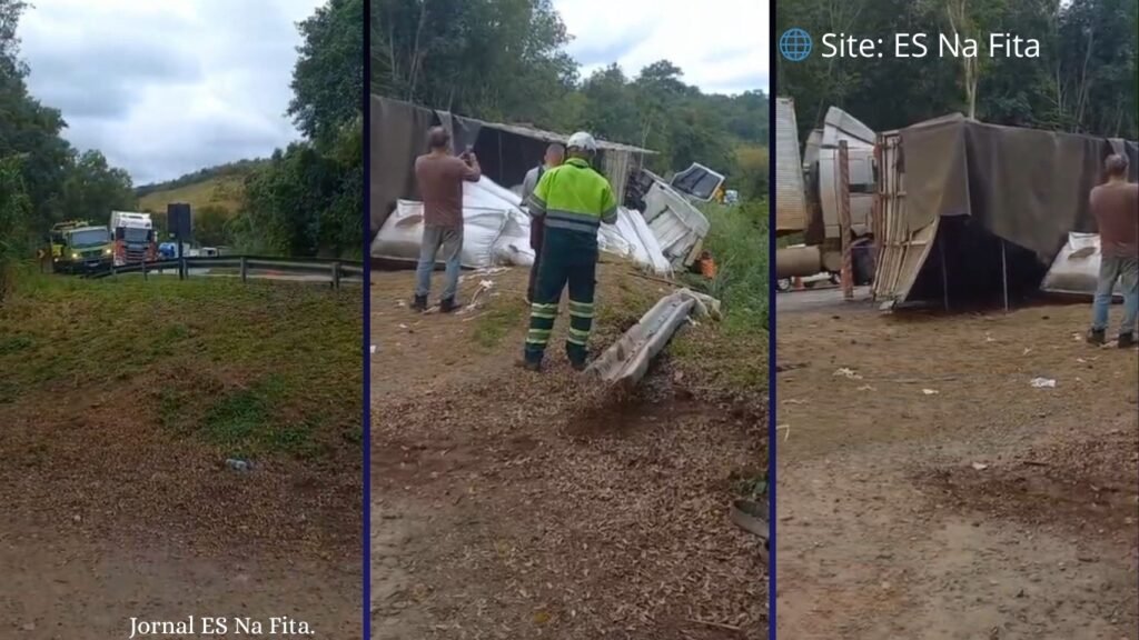 Carreta tomba e deixa BR-101 interditada no Sul do ES BR-101 é totalmente interditada após carreta tombar no Sul do ES.