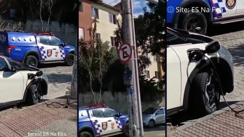 Motorista é detido após ser flagrado fazendo "gato" de energia em poste para carregar carro elétrico.