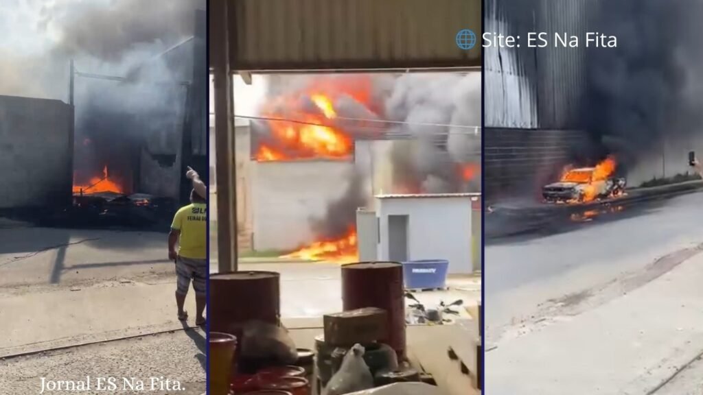 Incêndio atinge antiga fábrica de caixões em Cariacica.