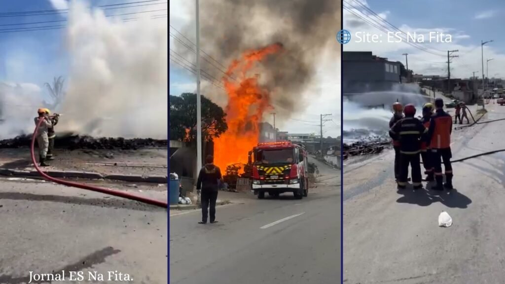 Incêndio atinge armazém de paletes em Cariacica.