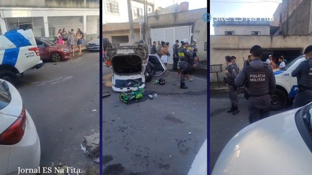 Motorista foge de blitz e capota carro com esposa e filho de 2 anos em Cariacica.