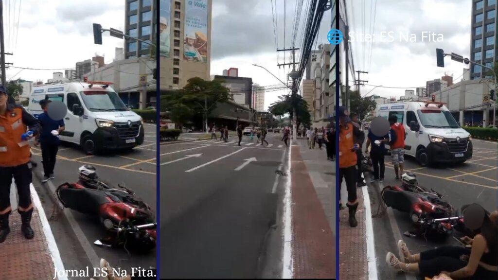 Vídeo: pedestre registra imagens após acidente entre motos deixar homem e mulher feridos em Vitória Acidente entre motos deixa homem e mulher feridos em Vitória.