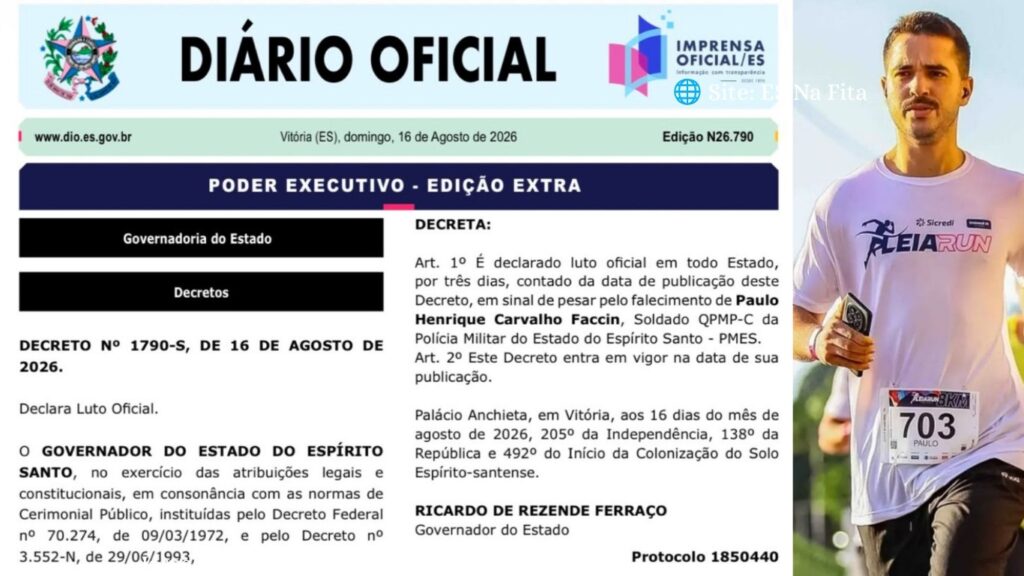 Governo do Estado decreta luto oficial pela morte de jovem soldado da PM em Cachoeiro Governo do Estado decreta luto oficial pela morte de soldado da Polícia Militar.