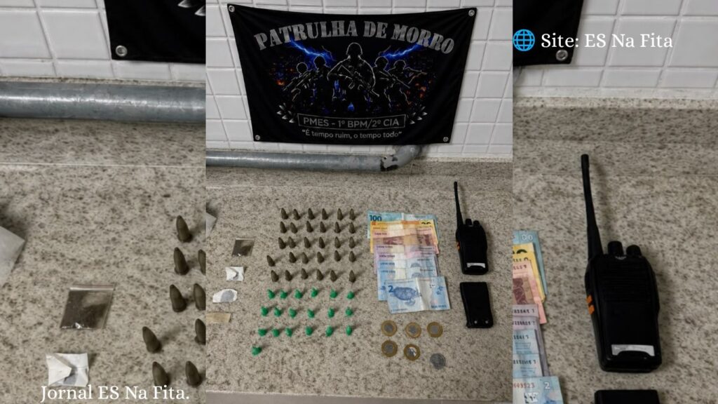 Homem tenta fugir da PM e é preso cheio de flagrantes em Vitória Homem é preso com drogas e radiocomunicador em Vitória.