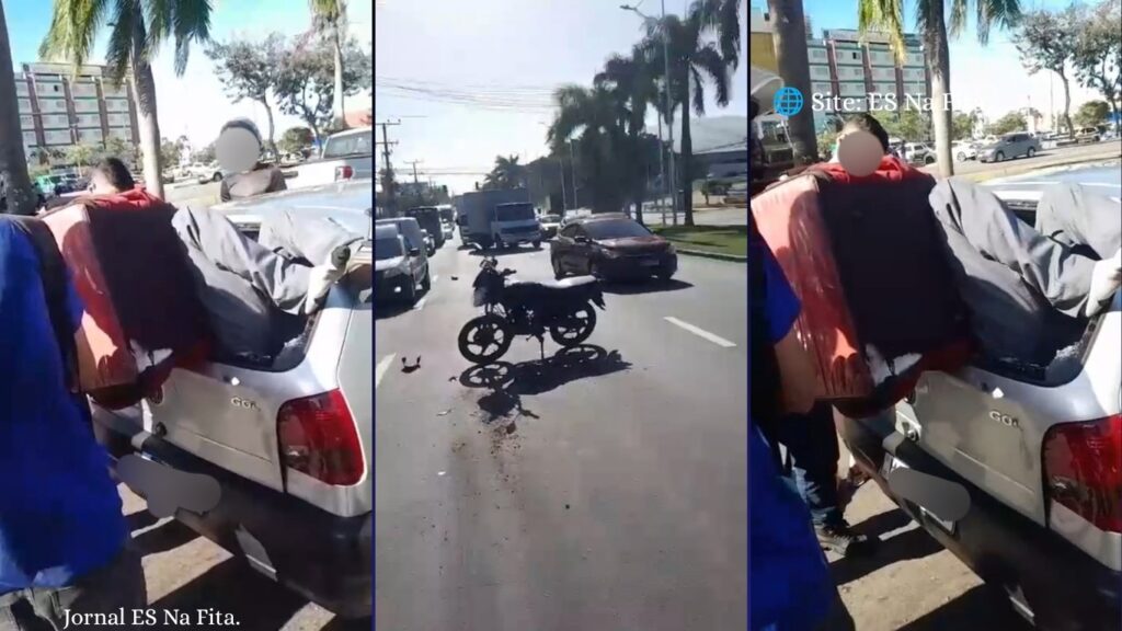 Motoboy fica agarrado na traseira de carro após acidente em Laranjeiras.