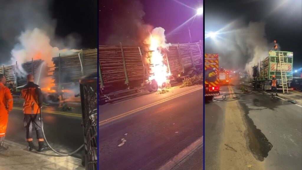 Carreta com eucalipto pega fogo e interdita a BR 101 em Linhares.
