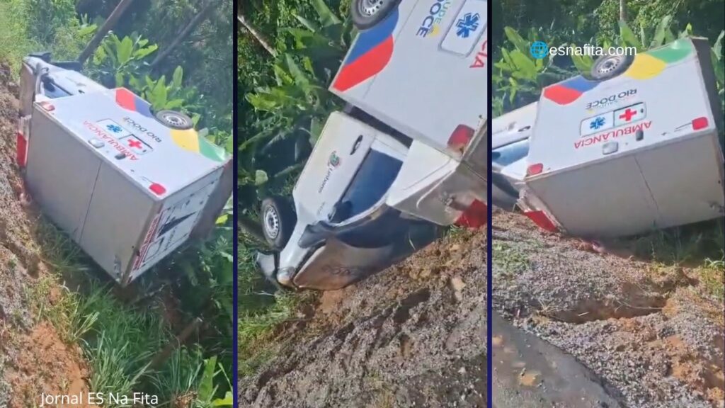 Ambulância da Prefeitura de Linhares sai da pista ao desviar de animal.